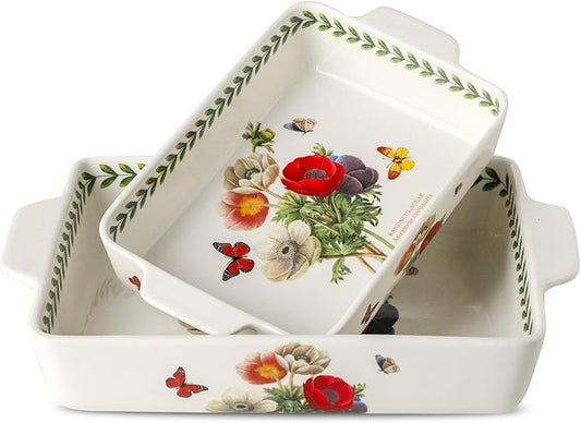 Ceramic Papaver rhoeas Baking Casserole Dish with Handles, Large 2 pieces 8x13 inch & 6x10 inch Lasagna Baking Dish and Middle Flower Andplant Baking Pan,Porcelain Serving Bakeware Set by Howise