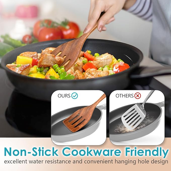 HOWHONG Wooden Spoons for Cooking, Premium Acacia Wood Kitchen Utensil Set, Handmade Wooden Utensils for Nonstick Cookware, Heat Resistant, Smooth Finish, Comfortable Grip, with Holder, Gift Ready - Image 4