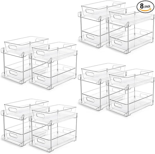 Vtopmart 8 Pack Bathroom Organizer, 2 Tier Clear Under Sink Organizers Vanity Countertop Storage Container,Cabinet Drawers Bins, Pull-Out Organization with Track for Pantry, Kitchen by Vtopmart