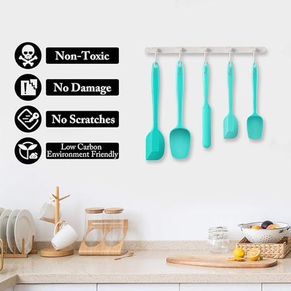 HOTEC 600℉ Heat Resistant BPA-Free Silicone Rubber Spatula Set,Kitchen Cooking Spatulas, Baking, Mixing for Non Stick Cookware, Dishwasher Safe, Set of 5 Aqua Sky - Image 5