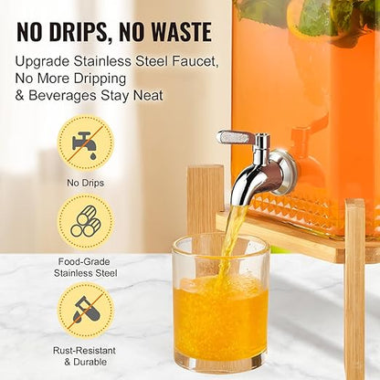 VEVOR Beverage Dispenser, 1.5 Gallon Drink Dispensers for Parties, Glass Juice Dispenser with Stand, Stainless Steel Spigot, Iced Tea Lemonade Juice Water Dispenser, for Restaurants, Hotels, Parties