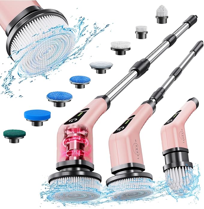 Leebein Electric Spin Scrubber, Cordless Powerful Scrub Brush for Cleaning Bathroom, Kitchen, Shower Tub and Floor Tile with Adjustable Extension Long Handle and 8 Replaceable Brush Heads(Rose) by Leebein