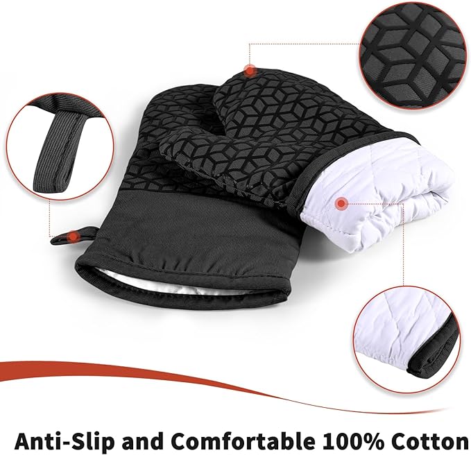 Oven Mitts and Pot Holders,500 ℉ Heat Resistant Oven Mitts Sets,Silicone Oven Gloves, Non-Slip Silicone Textured Grip,Black - Image 3