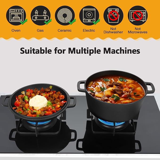 P&P CHEF 5Qt Dutch Oven Pot for Bread Baking (Black), 2 In 1 Round Cast Iron Dutch Oven with Lid Set, Skillet & Pot for Roasting Braising Stewing Frying Simmering, Multi Stoves & Oven Safe - Image 4