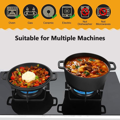 P&P CHEF 5Qt Dutch Oven Pot for Bread Baking (Black), 2 In 1 Round Cast Iron Dutch Oven with Lid Set, Skillet & Pot for Roasting Braising Stewing Frying Simmering, Multi Stoves & Oven Safe - Image 4