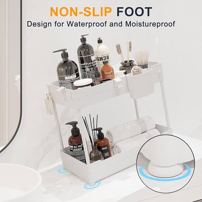Sevenblue 2 Pack Under Sink Organizer, Under Bathroom Cabinet Organizer with Hooks Hanging Cup, Multi-Purpose Storage Shelf for Kitchen Bathroom (White, 14.8 Inch) - Image 6