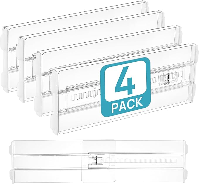 Vtopmart 4 Pack Drawer Dividers for Clothes, 4" High 10.2"-16.5" Adjustable Expandable Dresser Drawer Organizer, Clear Plastic Separators for Dresser, Baby Clothing, Underwear, Cosmetic, Toiletries by Vtopmart