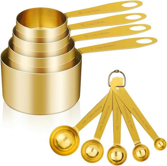 GuDoQi 9pcs 304 Stainless Steel Measuring Cups & Spoons, Stackable Long Handle Fits Narrow Jars, Golden Finish, Metric & US Measures for Dry/Liquid Ingredients, Rust-Proof for Baking & Cooking