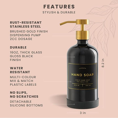 Hand and Dish Soap Dispenser for Kitchen and Bathroom, Set of 2 16 Oz Glass Bottles, Stainless Steel Pumps, Non-Slip Silicone Base, 27 Waterproof Labels (Gloss Black Bottle/Brushed Gold Pump) - Image 6
