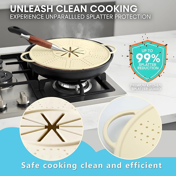 Silicone Splatter Screen for Frying Pans, Oil Splash Guard Cover with Strainer Holes & Heat Resistant Mat, Fits Most Stovetop Pans Non-Fold Lid - Image 6