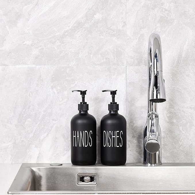 COHOSEGE Glass Soap Dispenser Set 2 Pack,Contains Hand and Dish Soap Dispenser.Premium 16 Oz Black Kitchen Soap Dispenser Set for Kitchen Sink and Farmhouse Decor - Image 2