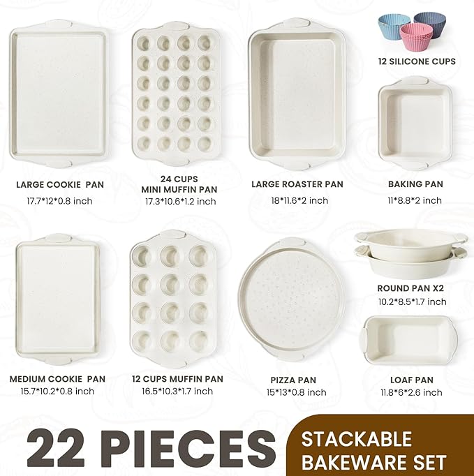 Kikcoin 22 PCS Nonstick Baking Pans Set, Stackable Bakeware Sets with Silicone Handles, 450°F Oven Safe Baking Sheet Set, Easy Release Cookie Sheets for Baking, Cream - Image 2