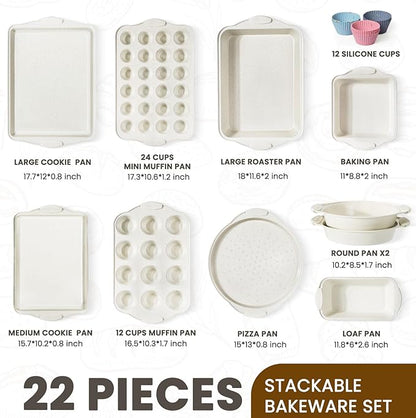Kikcoin 22 PCS Nonstick Baking Pans Set, Stackable Bakeware Sets with Silicone Handles, 450°F Oven Safe Baking Sheet Set, Easy Release Cookie Sheets for Baking, Cream - Image 2