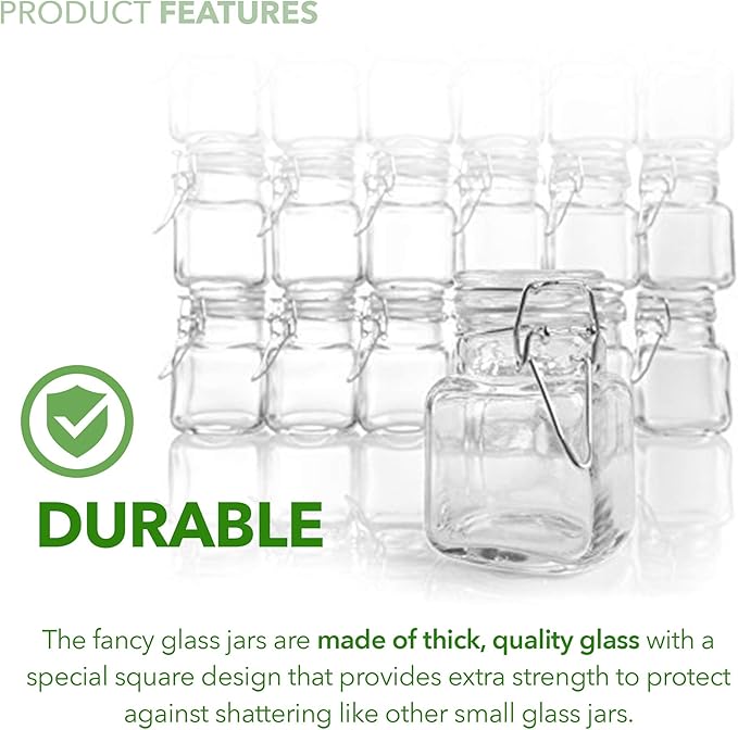 (3 oz) Small Square Glass Jars with Airtight Round Lids, Empty Spice Containers with Labels, Leak Proof Rubber Gasket and Hinged Lid, Chalkboard Label & Marker Included, For Home or Kitchen (12 Pack)