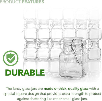 (3 oz) Small Square Glass Jars with Airtight Round Lids, Empty Spice Containers with Labels, Leak Proof Rubber Gasket and Hinged Lid, Chalkboard Label & Marker Included, For Home or Kitchen (12 Pack)
