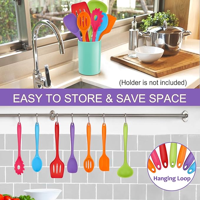 P&P CHEF Silicone Cooking Utensils Set of 7, Heat-proof Kitchen Utensils Set for Nonstick Cookware, Non-stick Spatula, Slotted Turner, Soup Ladle, Pasta Server, Spoon for Cooking Serving - Multicolor - Image 6