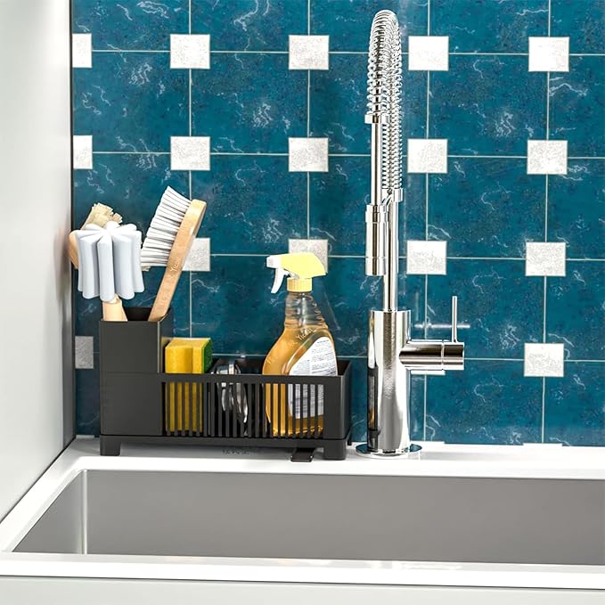Sink Caddy & Kitchen Sink Organizer,Black Sponge Holder with High Scrub Brush Holder,Plastic Kitchen Countertop Organizer,Multifunctional Sponge Drain Rack,Dish Soap,Dish Sponge Holder,Soap Dispenser - Image 8
