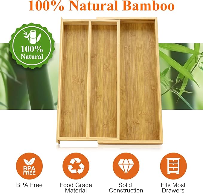 Large Bamboo Silverware Drawer Organizer Tray Kitchen Tool Drawer Divider Organizers Storage Expandable Cooking Utensil Organizer Wooden Cutlery Tray Spoon Flatware Organizers Utensil Holder Drawers - Image 7