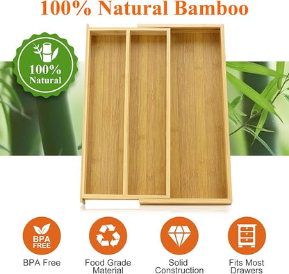 Large Bamboo Silverware Drawer Organizer Tray Kitchen Tool Drawer Divider Organizers Storage Expandable Cooking Utensil Organizer Wooden Cutlery Tray Spoon Flatware Organizers Utensil Holder Drawers - Image 7
