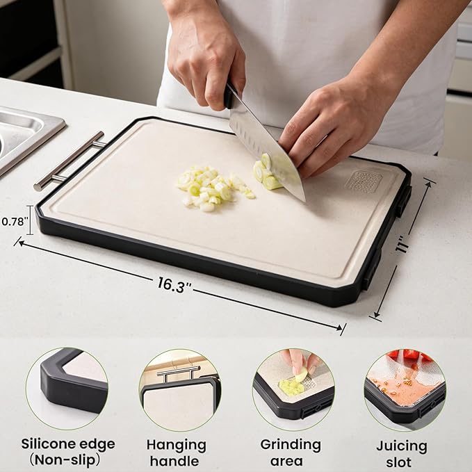 Titanium Cutting Board for Kitchen, Double Sided Titanium Cutting Board with Juice Groove, Metal Chopping Board for Kitchen, Titanium & Wheat Straw PP, Dishwasher Safe, 16.3”×11”