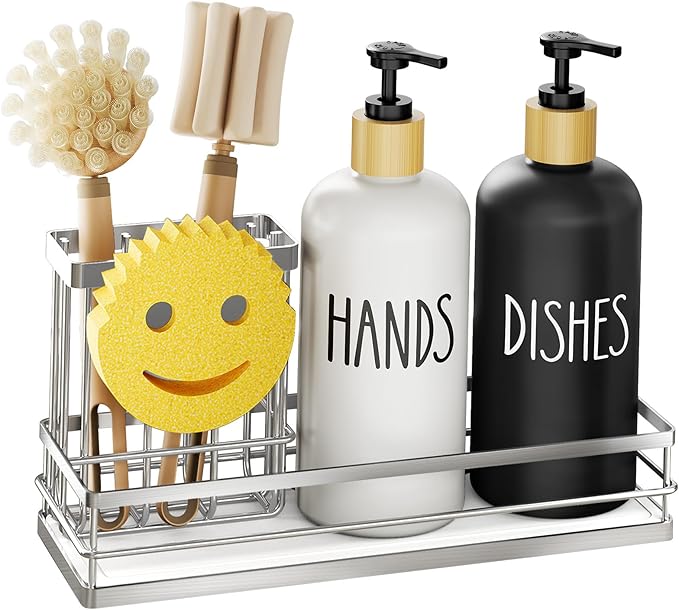 Moforoco Kitchen Dish Soap Dispenser Set, 16OZ Glass Bottle, Hand and Dish Soap Dispenser Set, Instant Dry Tray, Brush Holder with Smiley Face Sponge Holder (Silver Tray+Black&White Bottle) - Image 8
