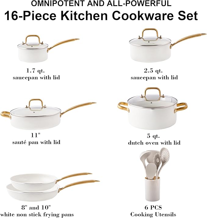 Pots and Pans Set - VONIKI Nonstick Granite Cookware Set, Gold Kitchen Cookware Sets, Non Toxic Cooking Pot Set, PFOA Free, Oven & Dishwasher Safe - Ideal Gift for Home Chefs - Image 2