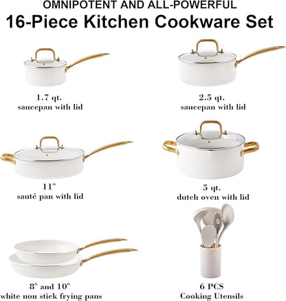 Pots and Pans Set - VONIKI Nonstick Granite Cookware Set, Gold Kitchen Cookware Sets, Non Toxic Cooking Pot Set, PFOA Free, Oven & Dishwasher Safe - Ideal Gift for Home Chefs - Image 2