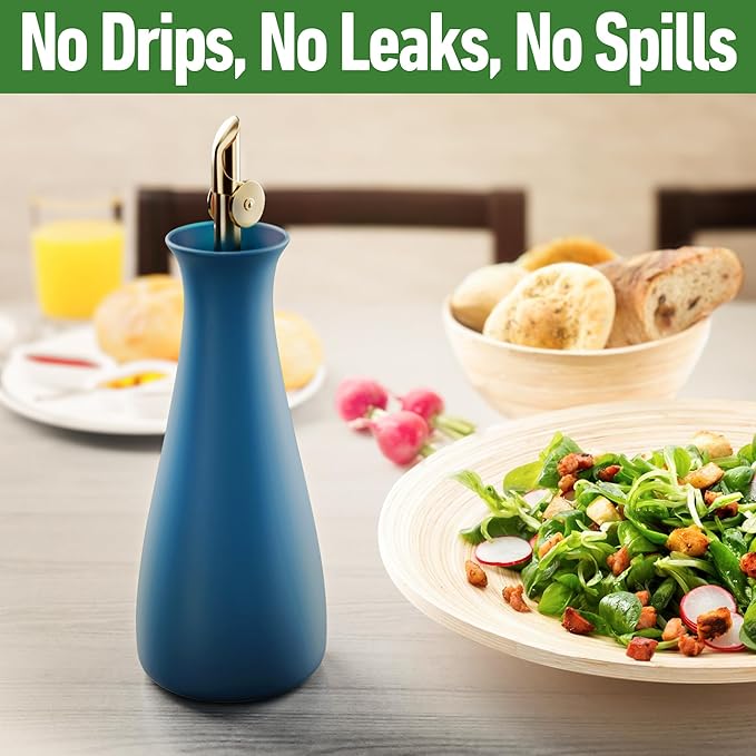 Ceramic Olive Oil Dispenser with Self-Closing Gold Spout - 530 ML Capacity Matte Blue Ceramic Oil Dispenser for Kitchen - Leak Proof EVOO Dispensing Bottle - Stylish, Ergonomic, Durable, Easy Pour - Image 4