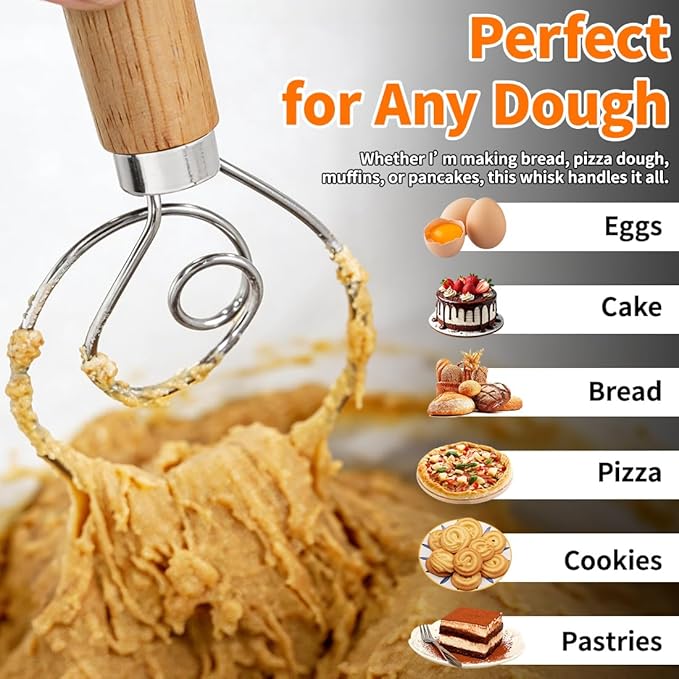 Polly Online Dough Whisk,Wooden Handle Danish Sourdough Whisk with Stainless Steel Dough Hook for Bread, Pastry or Pizza Dough 13 Inch 1-PACK - Image 6