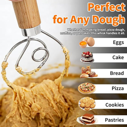 Polly Online Dough Whisk,Wooden Handle Danish Sourdough Whisk with Stainless Steel Dough Hook for Bread, Pastry or Pizza Dough 13 Inch 1-PACK - Image 6