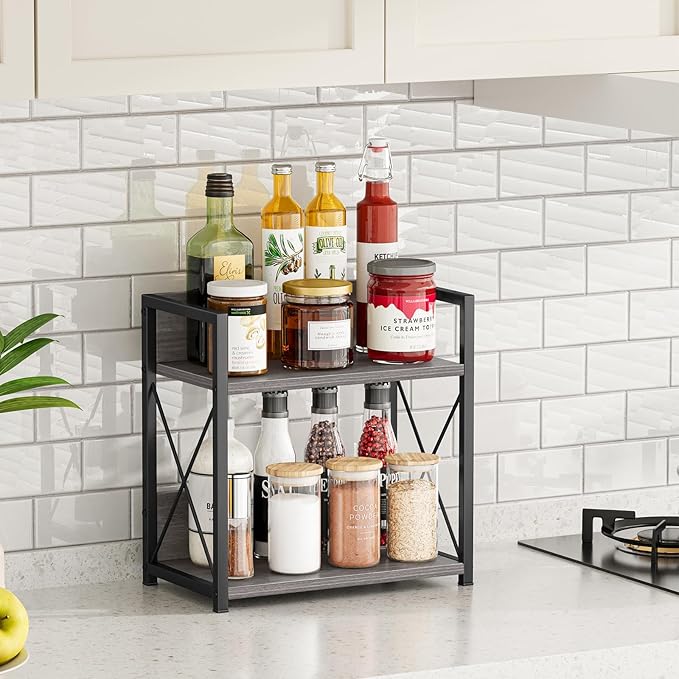 Giikin Countertop Shelf Organizer, 2 Tier Coffee Organizer for Desktop, Grey Counter Shelf Spice Rack for Kitchen (Grey, M) - Image 3