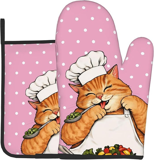 Cat Oven Mitts - Pink Oven Mitts and Pot Holders Sets of 2 Cute Kitten Cooker Kitchen Mitts Hot Pads for Baking Grilling by DZGlobal