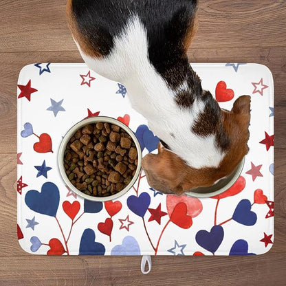 4th of July Dish Drying Mat for Kitchen Counter Patriotic Red Blue Star Love Heart Pattern Microfiber Dish Drainer Mat Independece Day Absorbent Washable Drying Pad Extra Large 18"x24"