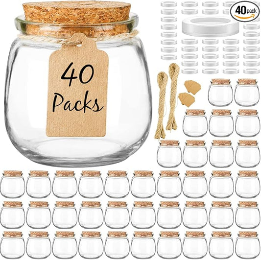 Syntic 40 Pack Small Glass Jars with Cork Lids, 7oz Empty Mason Jars for Making Candles, Yogurt Container with PE Lids for Wedding Favors, Baby Shower, Candy, Spices with Twine, Labels by Syntic
