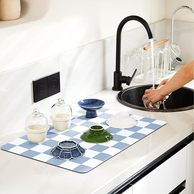 Ohocut Checkered Dish Drying Mat for Kitchen Counter, Coffee Bar, Coffee Station Accessories, Retro Cute Aesthetic Modern Absorbent Drainer Mat Kitchen Drying Mat Easy Clean, Blue 16" x 24" - Image 2