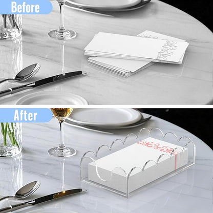 LUGUNU Clear Acrylic Napkin Holder – Scalloped Tray for Bathroom, Kitchen, Dining Room – Stylish Guest Hand Towel & Disposable Paper Holder for Weddings, Hotels, and Home Decor (9x5.1inch)
