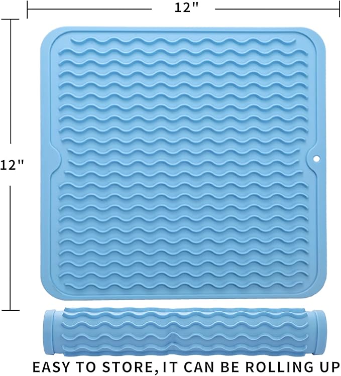 MicoYang Silicone Dish Drying Mat for Multiple Usage,Easy clean,Eco-friendly,Heat-resistant Silicone Mat for Kitchen Counter or Sink,Refrigerator or Drawer liner Light Blue M 12 inches x 12 inches - Image 2