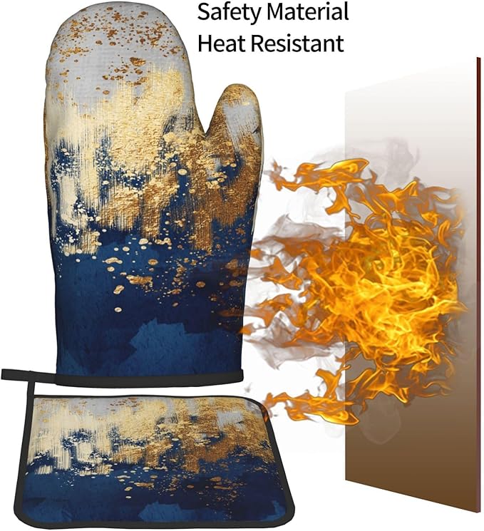 Blue and Gold Watercolor Abstract Oven Mitts and Pot Holder Sets of 3, Non-Slip Heat Resistant Decor Navy Kitchen Gloves with Hanging Loop for Cooking Baking Grilling, Kitchen Gifts for Cooking Lover - Image 7