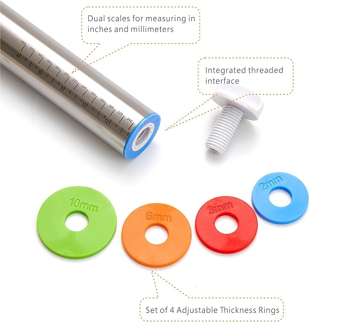 Rolling Pin with Thickness Rings, Fulimax 17" Adjustable Stainless Steel Rolling Pins for Baking, Dough Roller for Fondant Pizza, Pie, Pasta, Cookies, Cakes, Kitchen Baking Supplies - Image 5