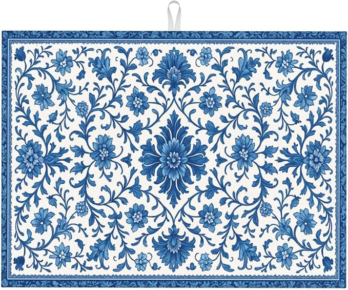 Blue and White Pattern Dish Drying Mats for Kitchen Counter, Large 18"x24" Dish Mats for Drying Dishes, Microfiber Absorbent Dish Drying Pad Rack Mat Kitchen Decor Reusable Washable