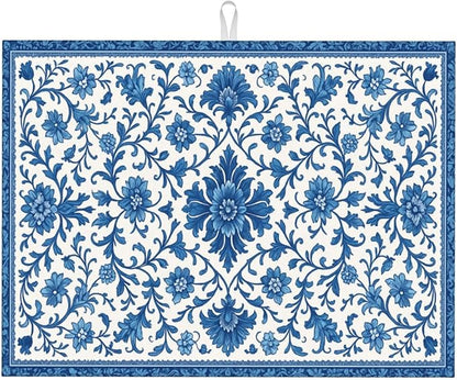 Blue and White Pattern Dish Drying Mats for Kitchen Counter, Large 18"x24" Dish Mats for Drying Dishes, Microfiber Absorbent Dish Drying Pad Rack Mat Kitchen Decor Reusable Washable
