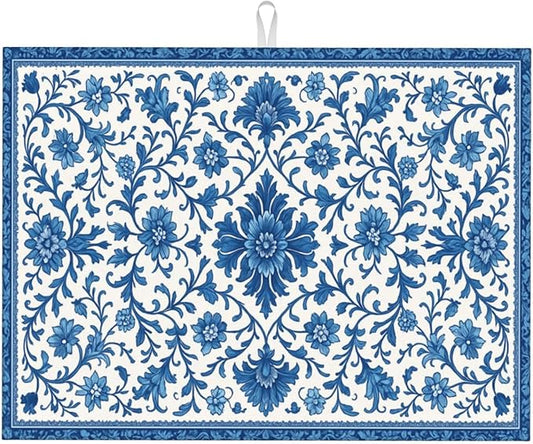 Blue and White Pattern Dish Drying Mats for Kitchen Counter, Large 18"x24" Dish Mats for Drying Dishes, Microfiber Absorbent Dish Drying Pad Rack Mat Kitchen Decor Reusable Washable