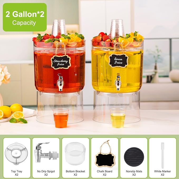 2 Gallon Beverage Dispenser for Parties 2 PACK, BPA-Free Drink Dispenser with No Drip Spigot, Juice Dispensers with Stand, Transparent Plastic Water Dispenser, Drink Fountains with Multi-Function Lid - Image 2