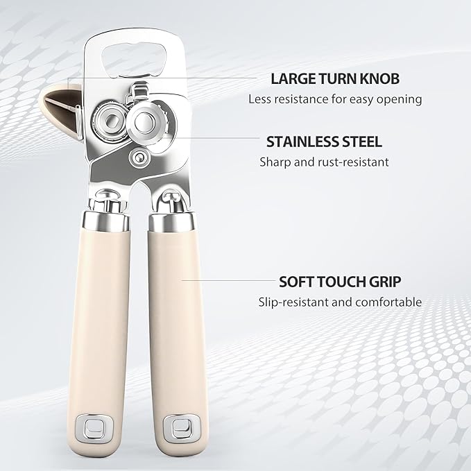 Safring Can Opener Manual, Heavy Duty Stainless Steel Smooth Edge Can Openers With Soft Touch Handle, Oversized Handheld Easy Turn Knob, Multi-Function Bottle Opener, Beige