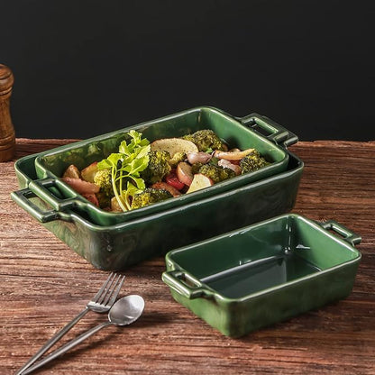 VICRAYS Ceramic Bakeware Set, Porcelain Rectangular Baking Dish, Baking Pan Lasagna Pans Casserole Dish Set for Cooking, Kitchen, Cake Dinner, Banquet and Daily Use, 3 PCS, 15 x 8.5 Inches(Green) - Image 6