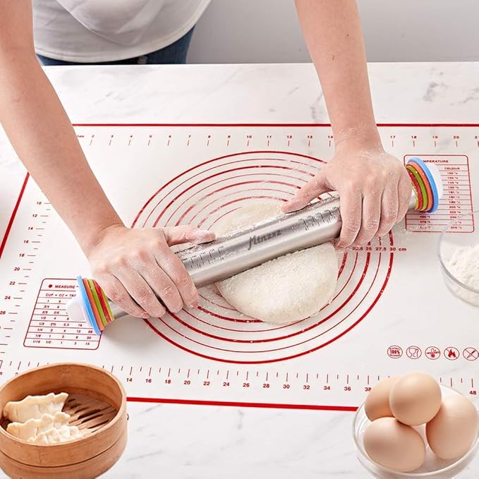 Rolling Pin and Silicone Baking Pastry Mat Set, Stainless Steel Dough Roller, Rolling Pins with Adjustable Thickness Rings, for Baking Fondant, Pizza, Pie, Pastries, Pasta, Cookies - Image 7