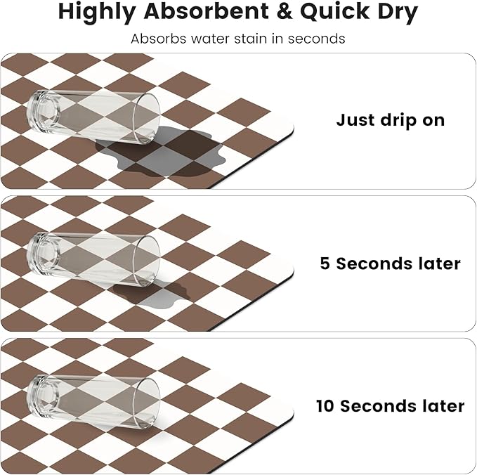 16" x 24" Checkered Dish Drying Mat for Kitchen Counter, Absorbent Coffee Bar Mat for Espresso Machine Coffee Countertops Accessories, Coffee Brown - Image 6