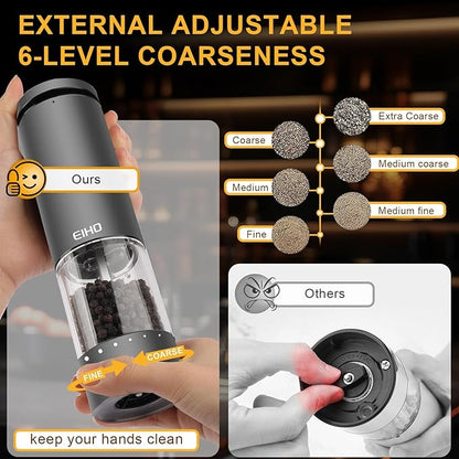 EIHO Electric Salt and Pepper Grinder Set USB Rechargeable, Upgraded External Adjustable Coarseness, Aluminum Alloy Automatic Salt and Pepper Shakers Mills with LED Light, House Warming Cooking Gifts - Image 2
