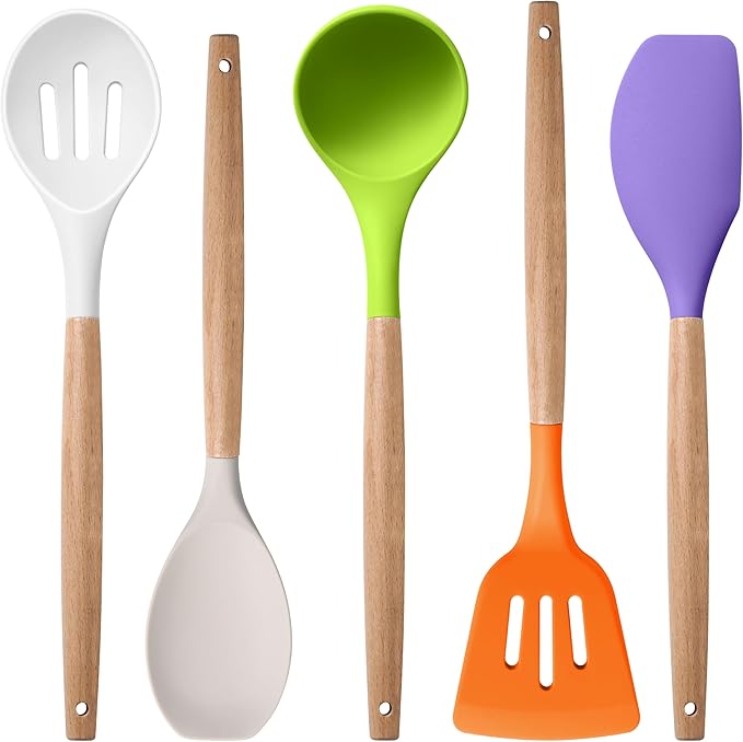 Herogo 5-Piece Cooking Utensils Set, Silicone Kitchen Utensils Set with Wooden Handle, Heat Resistant Cooking Tools Slotted Turner, Spoon, Soup Ladle, Spatula, Spoonula for Nonstick Cookware, Colorful by Herogo