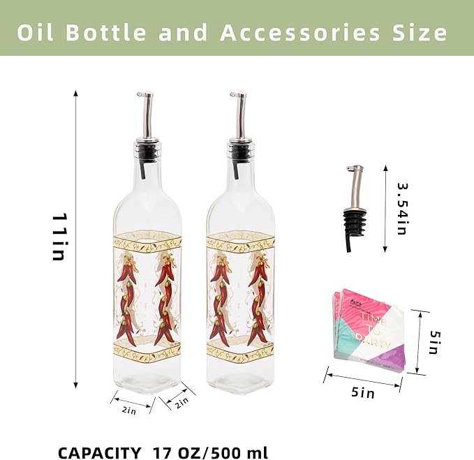 Topadorn 17 oz Olive Oil Dispenser Bottle Set for Kitchen, 2 Pcs Glass Oil Dispenser Bottle with Stainless Steel Pourers, 2 Packs of Napkins, Chili
